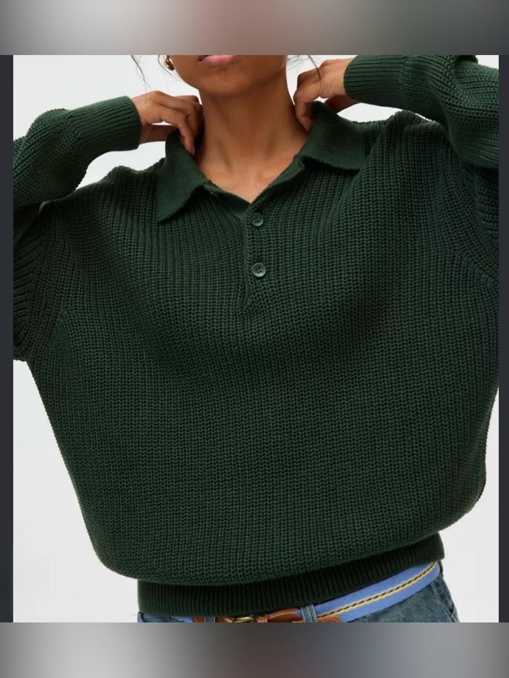 BDG (UO) OLIVE GREEN SHAKER KNIT COLLARD POLO SWEATER